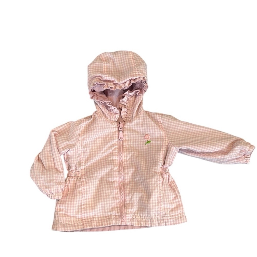 Oshkosh, pink lilac, lavender gingham, checked reversible, hooded jacket 6–9mos